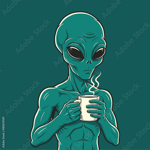 Green Alien Holding White Coffee Mug Morning Routine Vector