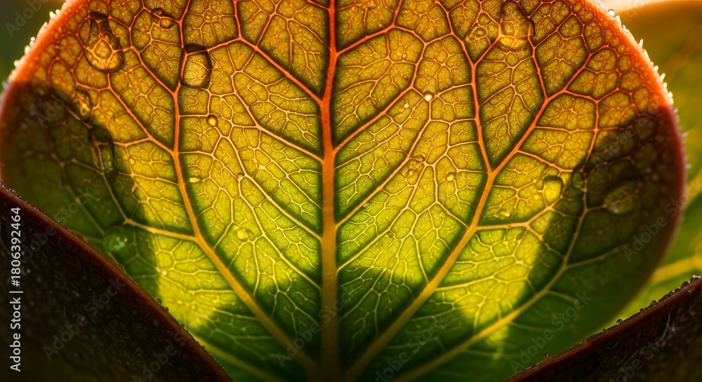 Obraz premium Translucent leaf with intricate veins and water droplets illuminated by sunlight.