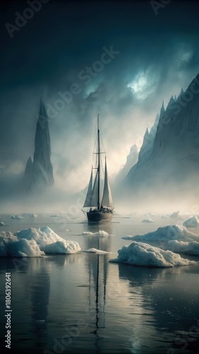 A sailboat navigates through a thick layer of fog in icy waters near Antarctica