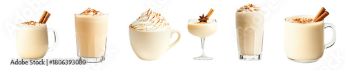 A cup filled with creamy eggnog topped with cinnamon and spice, isolated on transparent white background, concept of comfort drink