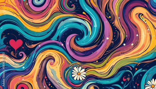 Groovy 70s Hippie Background with Swirls, Waves, Hearts, and Daisy Flower Patterns