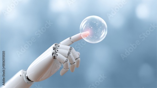 A robot hand touching or poking a bubble, symbolizing concerns about the AI technology crisis, a stock market downturn, and a bursting bubble crisis.