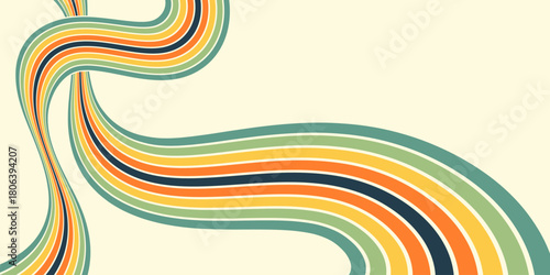 Abstract colorful 70s background vector. Vintage retro wallpaper with rainbow stripes and wavy lines. A 1970 color illustration suitable for posters, banners, decorative items and wall art.