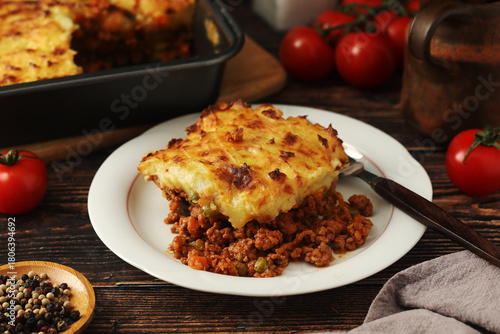 A shepherd's pie, freshly backed and ready to be served. Traditional English dish	