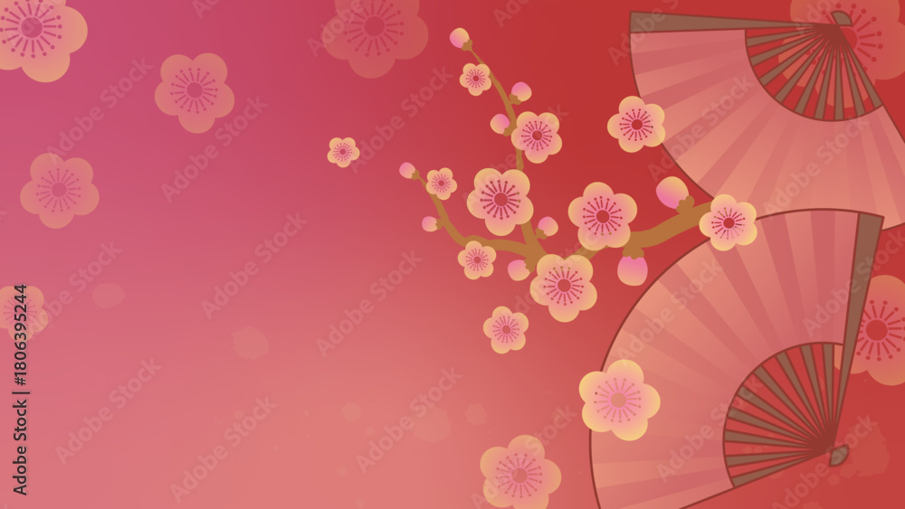 Obraz premium Chinese Folding Fan and Plum Blossom Banner. Lunar New Year Background. Chinoiserie Oriental Wallpaper.