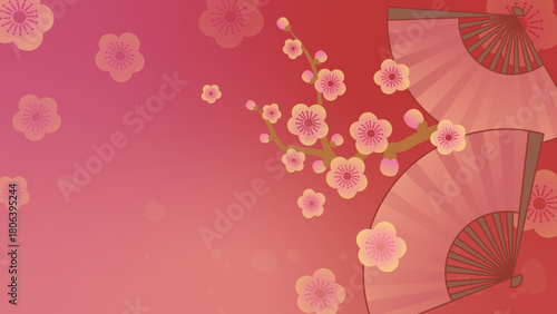 Chinese Folding Fan and Plum Blossom Banner. Lunar New Year Background. Chinoiserie Oriental Wallpaper.