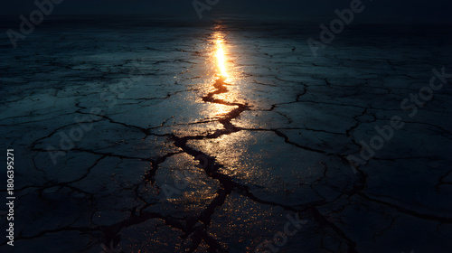 Fototapeta Naklejka Na Ścianę i Meble -  Mysterious Light Emerging from Wet Cracked Earth at Night