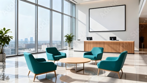 Modern Minimalist Office Lobby Interior with Elegant Seating Area, Large Windows, Natural Lighting and Contemporary Corporate Design Elements