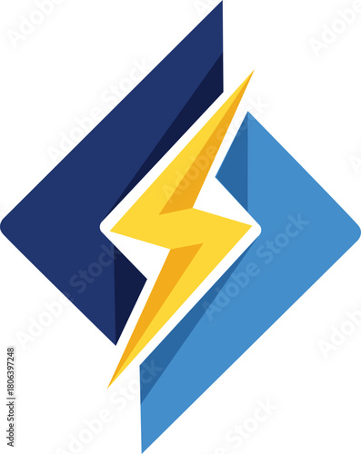 A dynamic logo featuring two overlapping diamond shapes in dark and light blue, sliced diagonally by a bold yellow lightning bolt.