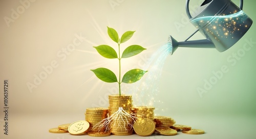 Watering can pouring energy-infused water onto a plant growing on stacks of gold coins. Financial growth, investment, and wealth creation. Green seedling thriving on money under bright light.
