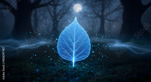 Bioluminescent blue glowing leaf rising from the forest ground with mist and sparkling particles. Futuristic nature, energy, and life force. Illuminated botanical in a dark, mysterious woodland at nig