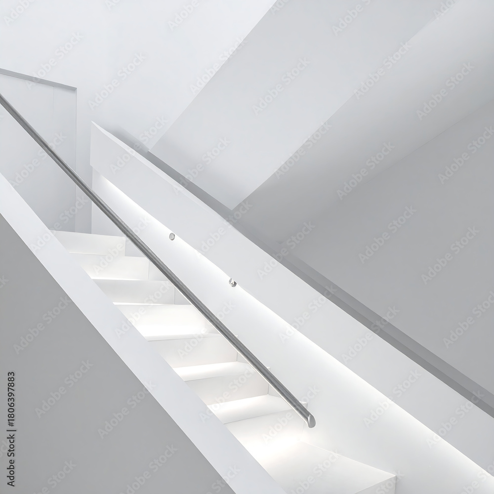 Obraz premium Sleek, Modern White Staircase with Integrated LED Illumination, Showcasing Minimalist Architectural Design and Bright Interior Aesthetics in a Contemporary Setting