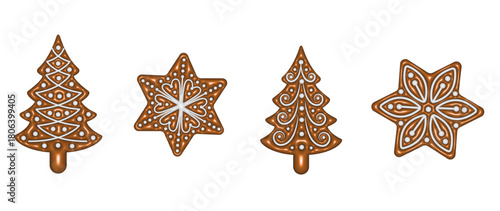 Christmas Realistic Gingerbread Cookies, Snowflake and Christmas Trees