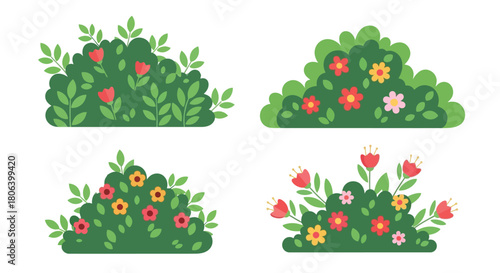 Colorful floral bushes and green shrubs in a simple vector illustration