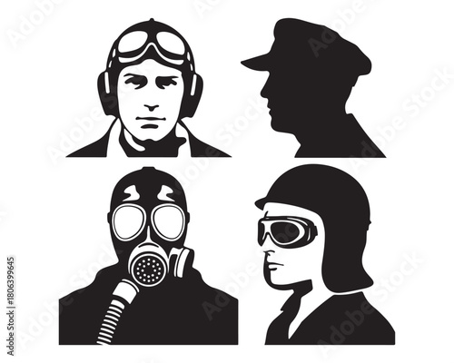  Four distinct silhouette portraits of individuals in historical headwear and protective gear silhouette