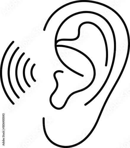 Ear with sound waves illustration, stylized black-and-white vector design for hearing, auditory perception, and communication concept