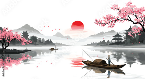 East Asian lake landscape with cherry blossoms, fishing boat, pavilion, and rising sun for cultural and editorial vector content