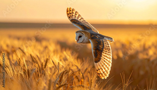 Barn owl flying over golden wheat field