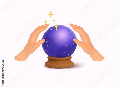 Hands holding glowing crystal ball with stars. Magic, fortune telling and mystic energy concept. 3D Vector Illustration.