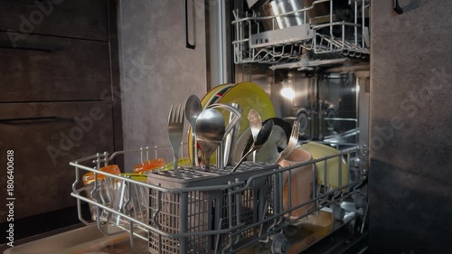 Loading cutlery into a dishwasher. Footage is suitable for projects related to cleaning, home