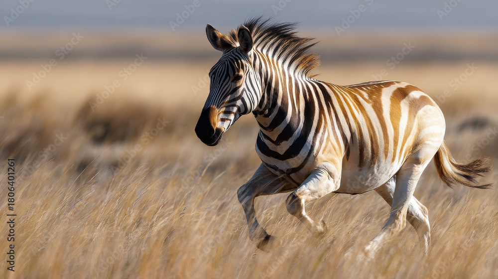 Obraz premium Revival of extinct species inspires hope for biodiversity as this zebra gallops gracefully through golden grasslands under bright sky