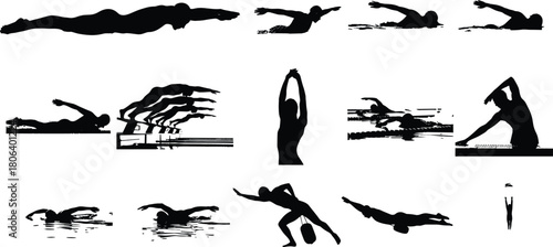 Swimmer Swimming Pool Water Sport Action Dive Race Training Stroke Silhouette