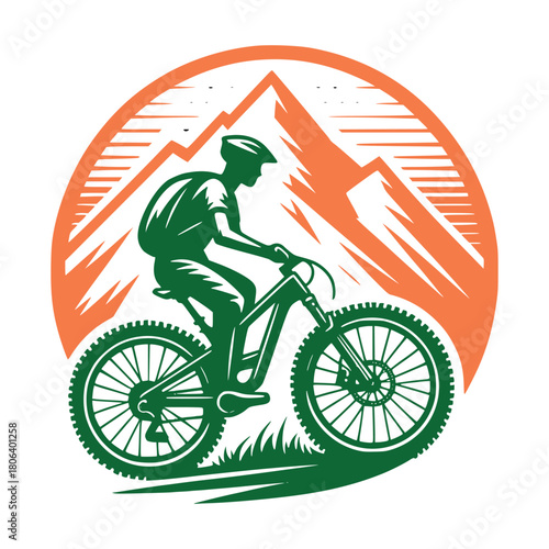 Mountain Biker Silhouette with Mountain Peaks – Adventure Outdoor Sports Vector