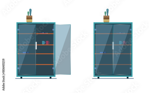 Cabinet for stuffs and items with glass doors vector illustration