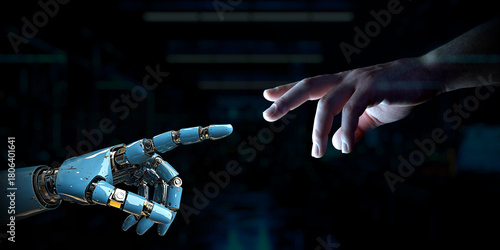 Robot finger about to touch human finger on dark background. Man hand going closer to cyborg hand. Generative ai robot hand