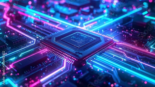 Futuristic Microchip Circuit Board with Neon Lights and Data Flow