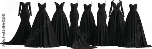 Evening, gown, illustration, set, with, elegant, dress, silhouette, fashion, design, black, formal, wear, vector, content, styling, luxury, event, outfit, glamorous, artwork, couture