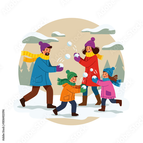 Family playing snowball fight in winter park with joyful expressions  