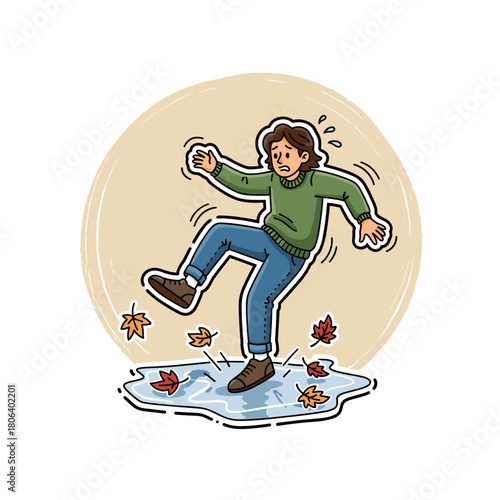 Man slipping on ice in autumn park surrounded by fallen leaves  