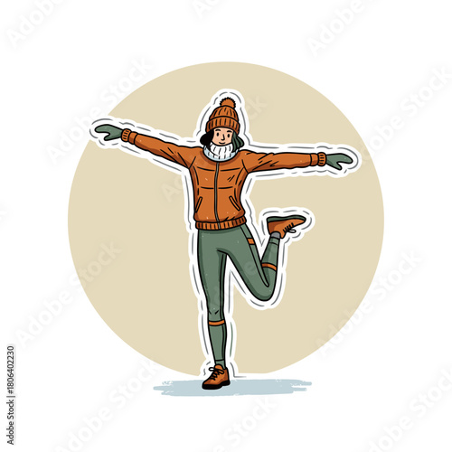 Person stretching outdoors in winter attire against a soft background  
