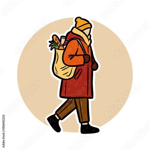 Person wearing a heavy coat and carrying a bag while walking outdoors
