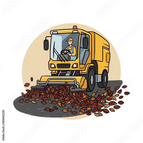 Street sweeper clearing leaves from pavement in autumn park  