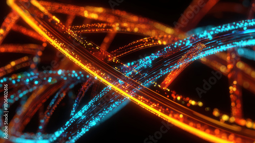 Vibrant synthetic life creation intertwines with glowing strands of orange and blue light, showcasing mesmerizing digital landscape