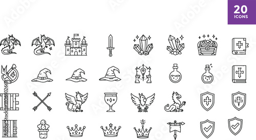 Fantasy icon set illustration, 20 black-and-white medieval and magical symbols, dragons, swords, potions, crowns, vector design, RPG concept