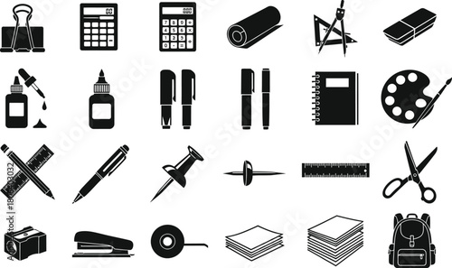 Modern office and school supplies, comprehensive vector icon set