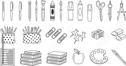 School and office supplies line art icon set for education and design