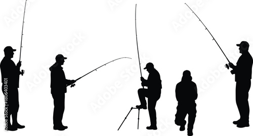 Fishing activity icon set, silhouette people with fishing rods in varied poses, black and white illustration, outdoor hobby, angler, nature grid