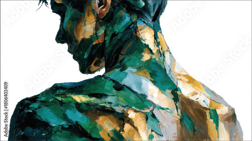 Artwork beautifully captures body alignment in nature, showcasing figure adorned with vibrant colors that blend harmoniously