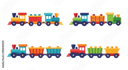 Colorful cartoon train set illustration with various carriages and locomotives