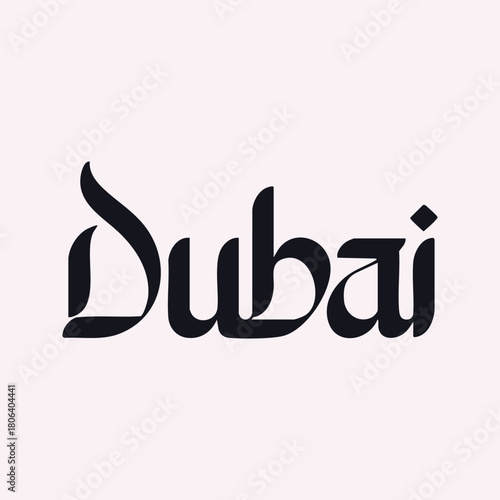 Dubai written in black font with a joining script style on a white background with a bold black stroke in vector format