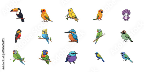A diverse collection of pixelated birds isolated on white background
