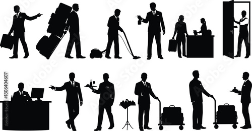 Hospitality Hotel Service Staff Employee Desk Silhouette Luggage Bellboy Cleaning Collection