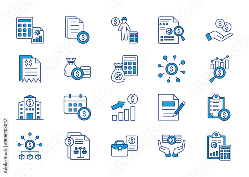 Accounting thin blue icon set. Containing accountant, audit, earnings, invoice, finance, tax calculator, profit loss, money management, credit, analysis . Vector illustration