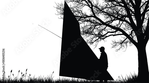Fishing scene icon set, silhouette person with rod near tree and tent, black and white illustration, nature, outdoor, solitude, vector grid