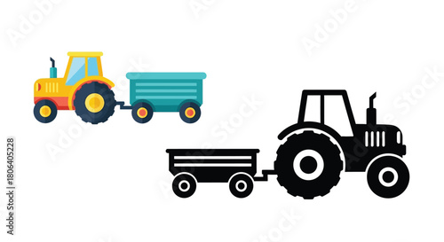 Colorful farm tractor and a black silhouette tractor with trailer illustration