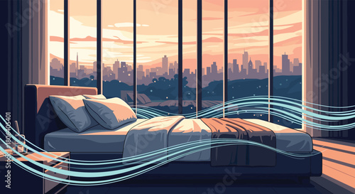 A pixel art depiction of a tranquil bedroom overlooking a vibrant city skyline during sunset, featuring a cozy bed and ethereal blue waves symbolizing comfort and peaceful dreams.